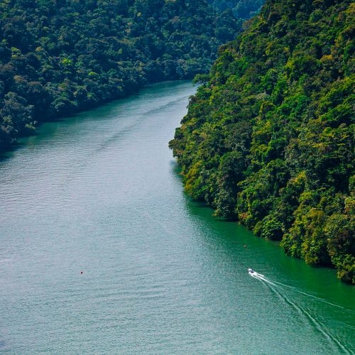 A boat travels up a river in the Guatemala Caribbean Coast project.